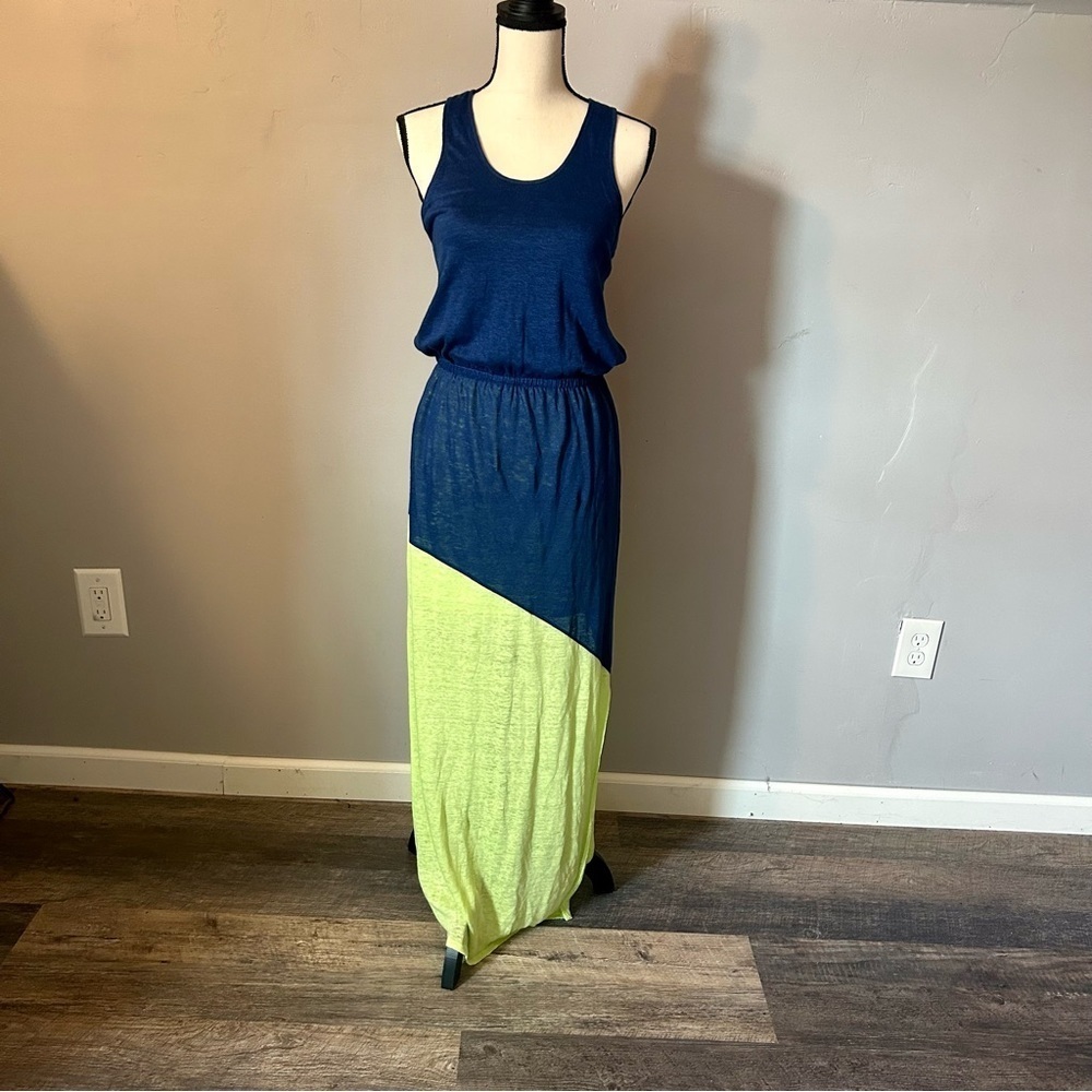 C&C California Colorblock Maxi Dress 100% Linen Racerback Navy Blue Lime Green